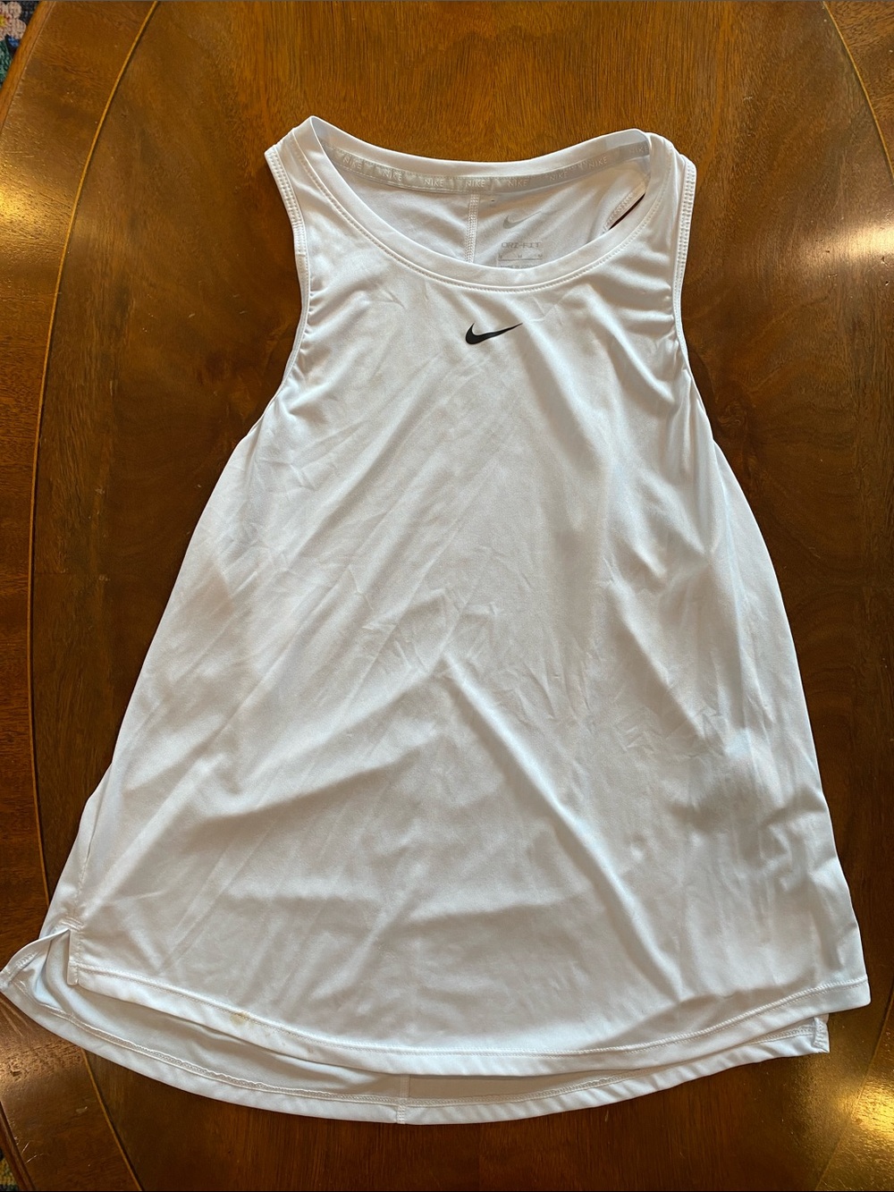 Nike White Tank Top with Black Swoosh - !Pinhole at “tag”, stain on bottom!